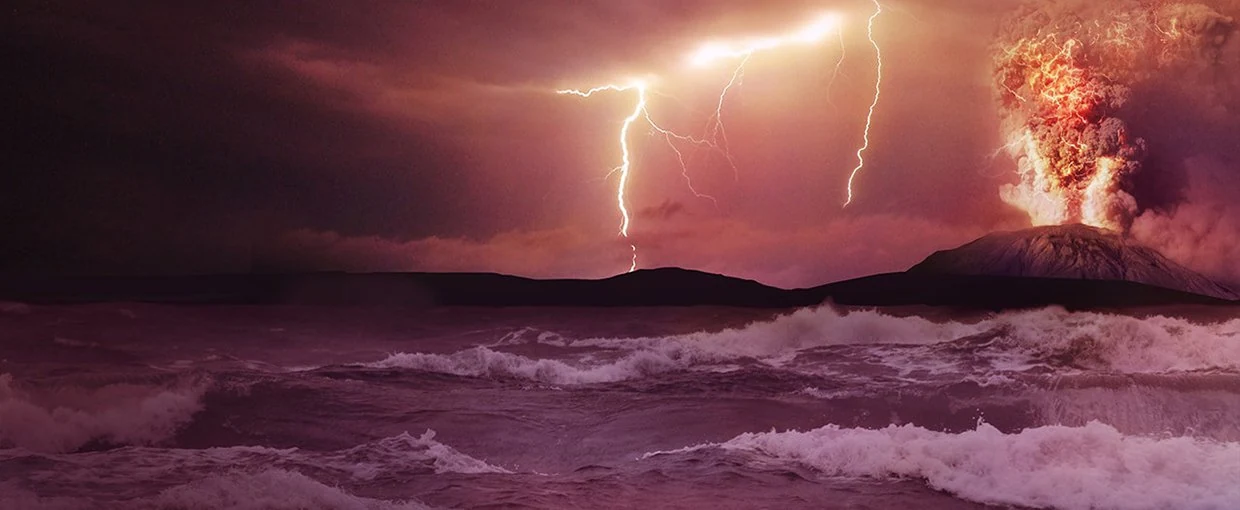 NASA artist's reconstruction of an Archean ocean, volcanic coast and oxygen-poor sky