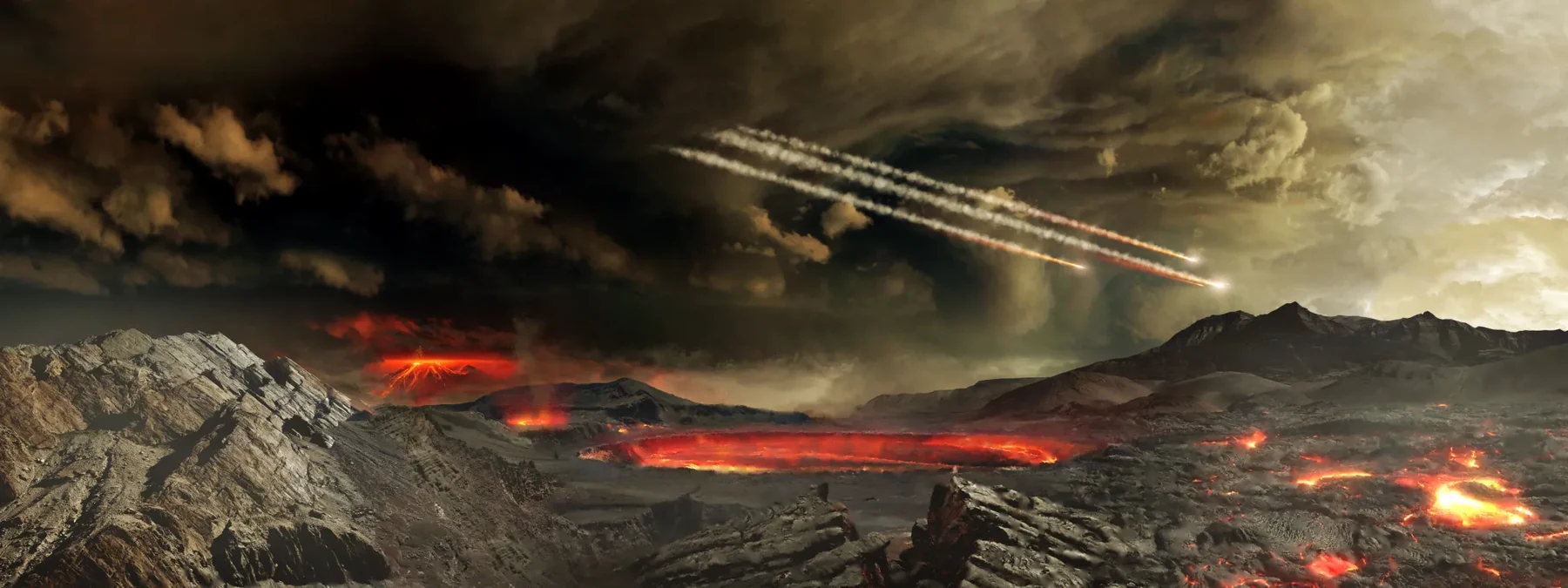 NASA artist's reconstruction of a possible Hadean landscape with molten rock and incoming impactors